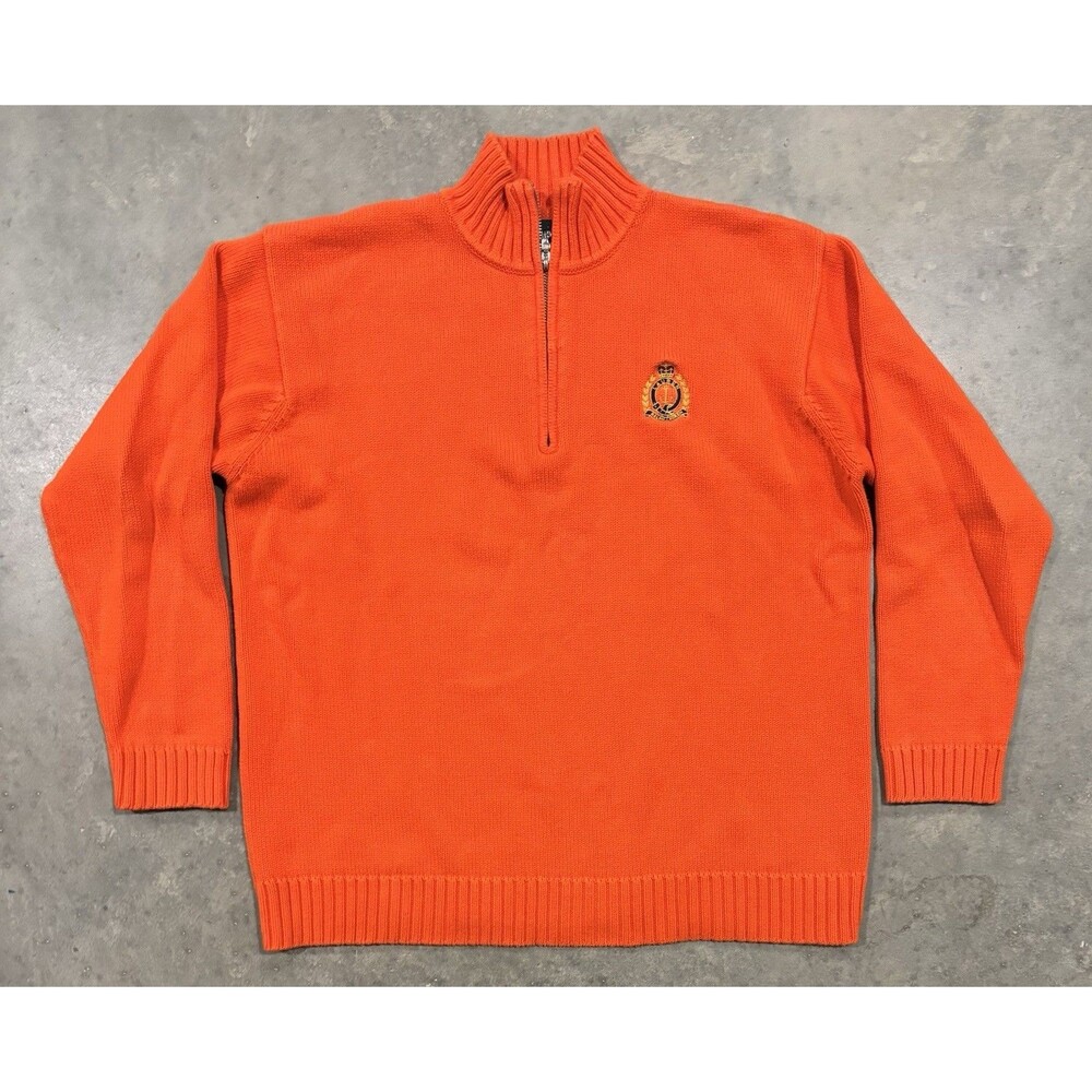 Lauren Ralph Lauren 1/4 Zip Sweater Mens Sz Large Orange Chunky Knit Pullover